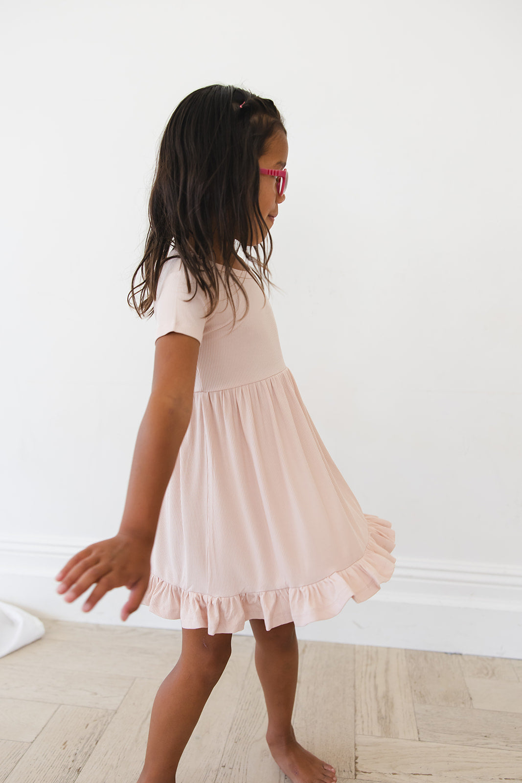 Ballet Pink Ribbed Ruffled Dress